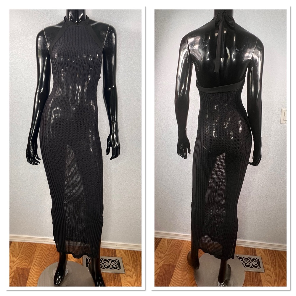 Mistress Rocks Women’s Elegant Black Halter Midi Knit Dress/Cover-Up Sz S
